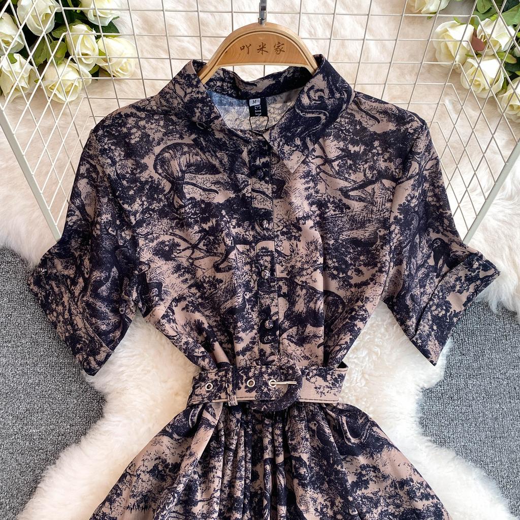 Винтажное платье с принтом, женское платье-рубашка трапециевидной формы с короткими рукавами и лацканами, женские элегантные летние длинные халаты трапециевидной формы, Vestidos