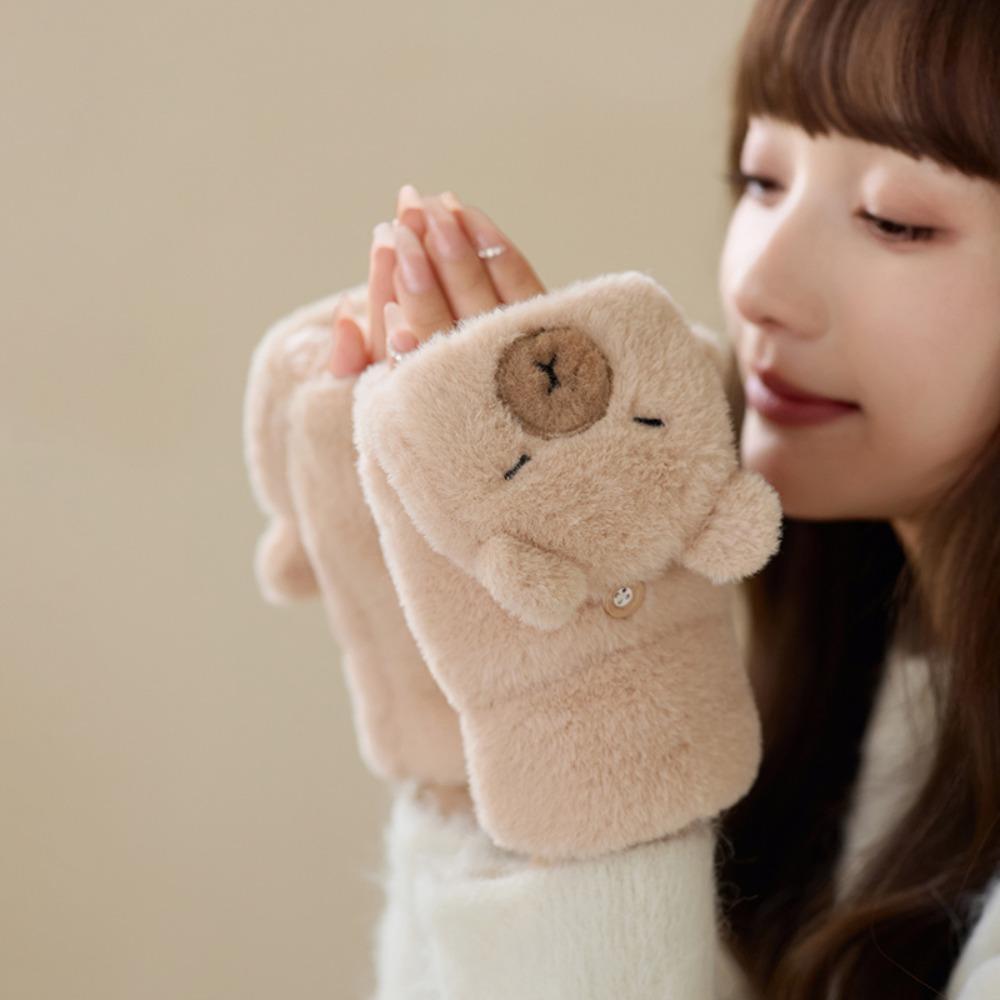Faux Rabbit Hair Cartoon Anti-cold Mittens Soft Animal Flip Gloves Capybara Plush Mittens Autumn