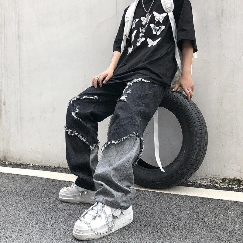 Gothic Men's Jeans Hippie Autumn Winter Black Patchwork Jeans High Waist Aesthetic Grunge Trousers Streetwear