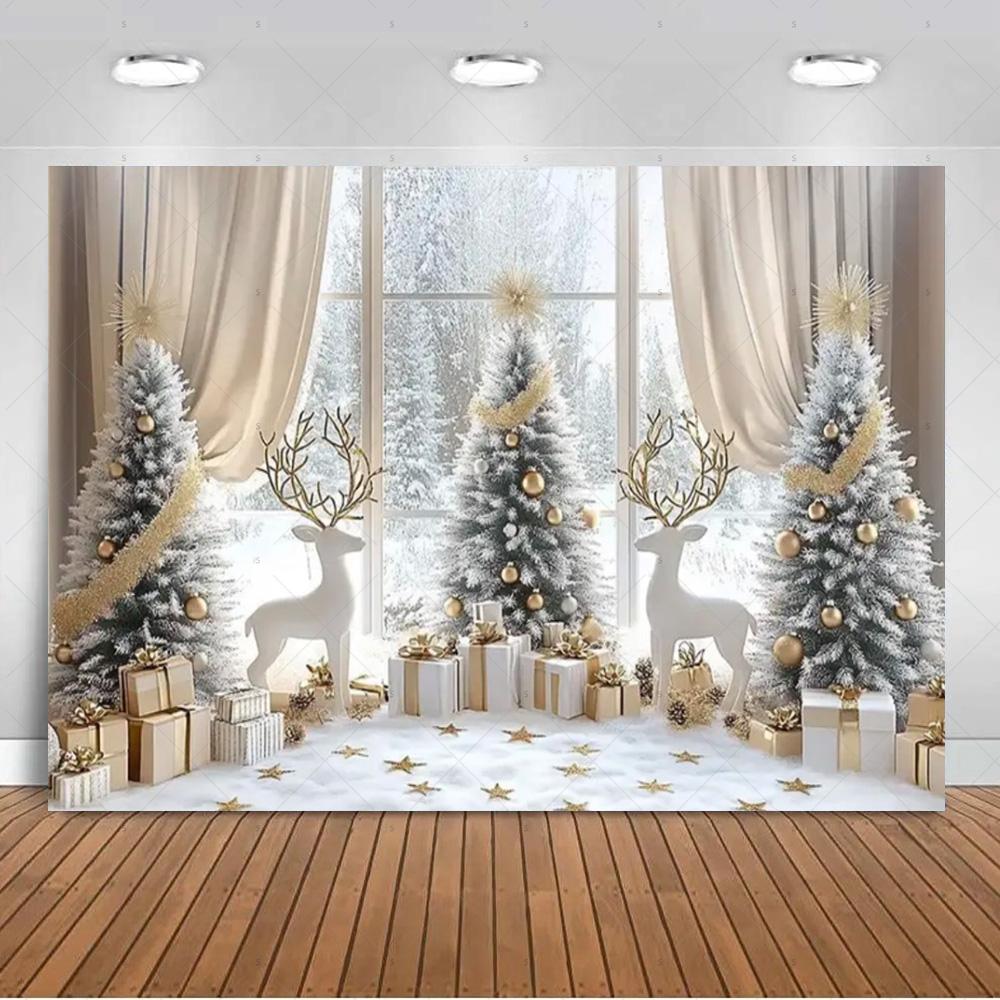 White Christmas Snow Scenery Background Xmas Tree Garland Gifts Photography Backdrop Family Xmas Party Decoration Photo Studio