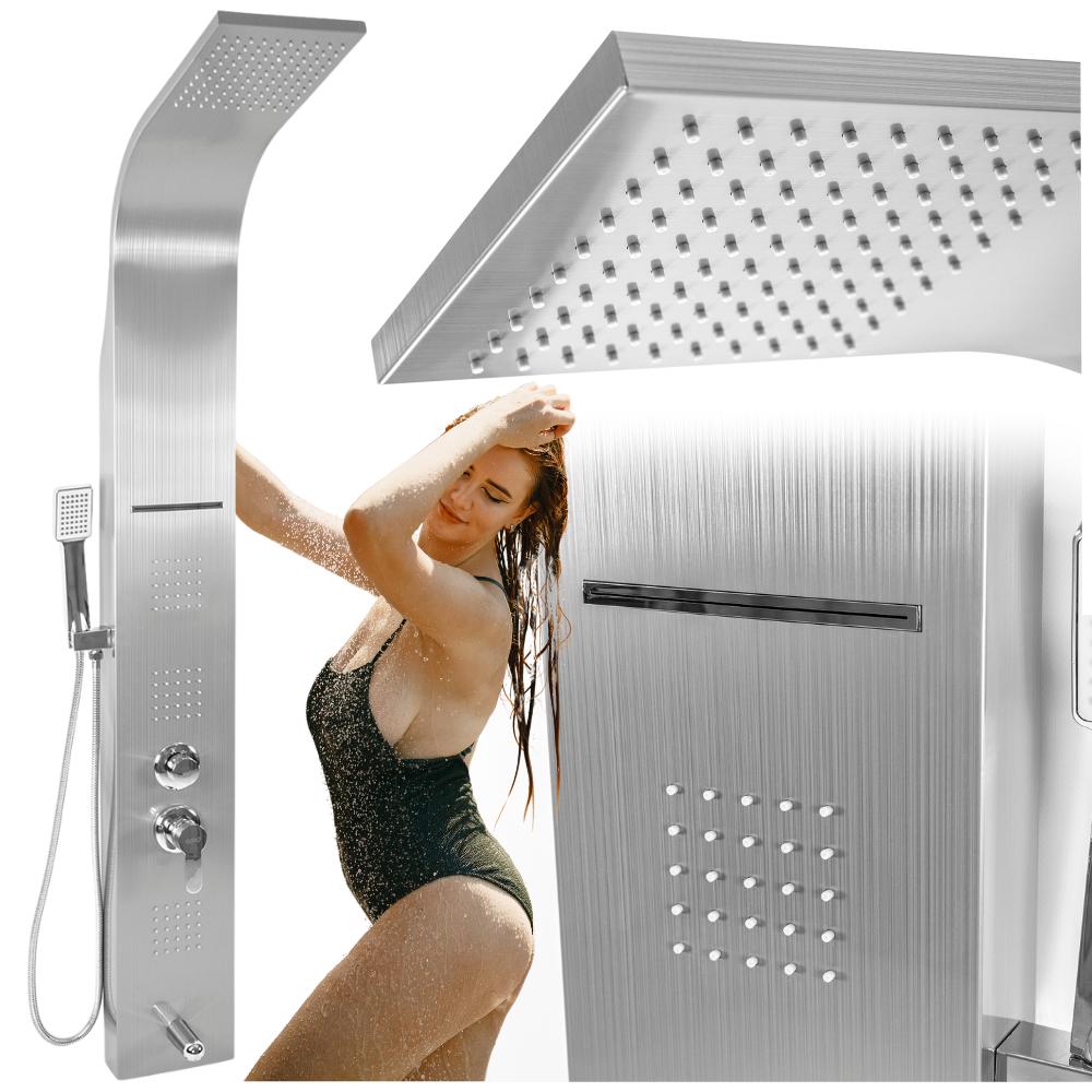 Shower panel with hydromassage, faucet, shower column, rain shower