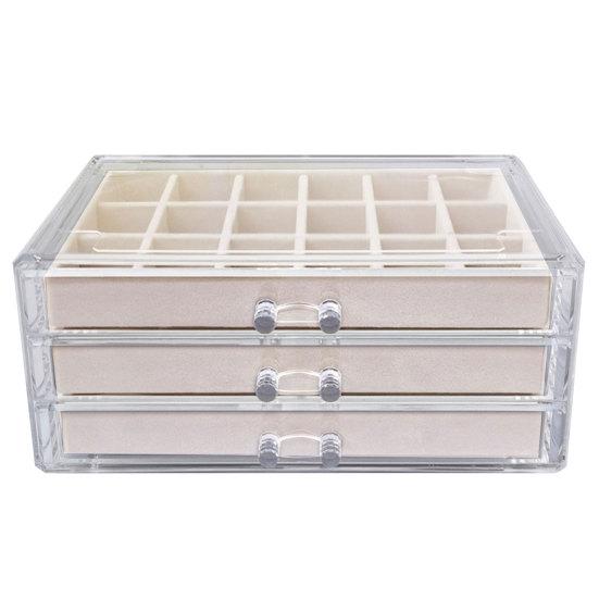 Акриловый органайзер для ювелирных изделий с 3 ящиками и несколькими отделениями, держатель для сережек, регулируемые подносы, пыленепроницаемая прозрачная шкатулка для драгоценностей