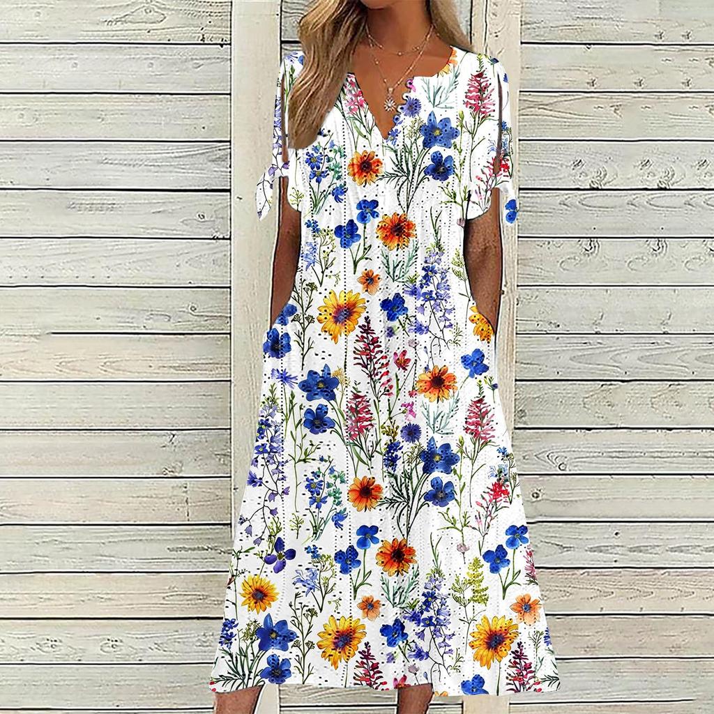 Women's Fashion Casual Bohemian Prints Round Neck Button Off Shoulder Short Sleeve Pocket Dress