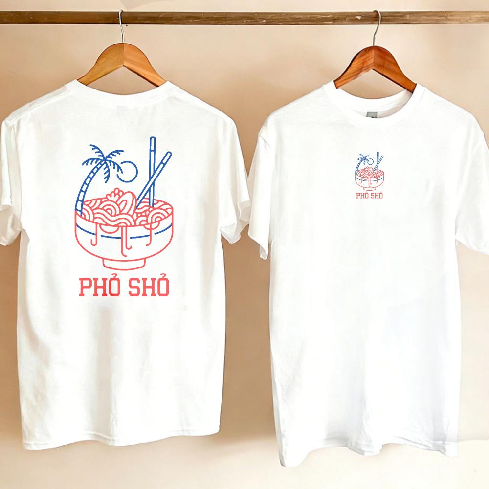 Unisex Women Cotton Crew Neck T Shirt Pho Sho Front Back Double Side Print Palm Tree Vietnamese Noodle Bowl Graphic Casual Foodie