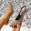 Fashion Sexy Pointed Leopard Print Thin High-heeled Sandals Cover Toe Rhinestone Buckle Back Strap Banquet Weddiing Shoes Size 43