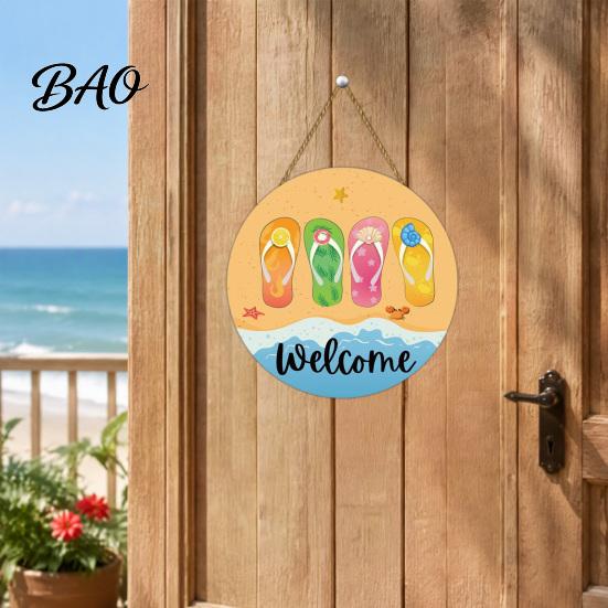 Wooden Hanging Sign Hello Summer Door Sign, Ice Pop Flip Flop Welcome Hanger, Party Decoration Farmhouse Wreath for Front Home Porch Decor Nautical