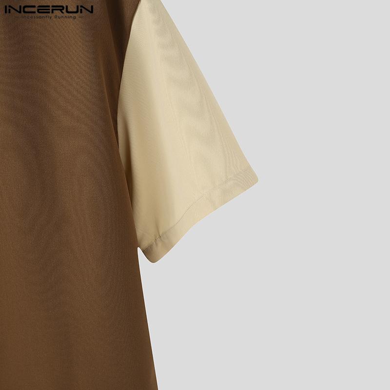 INCERUN Мужские рубашки оверсайз с лацканами, пэчворк, на пуговицах, повседневные