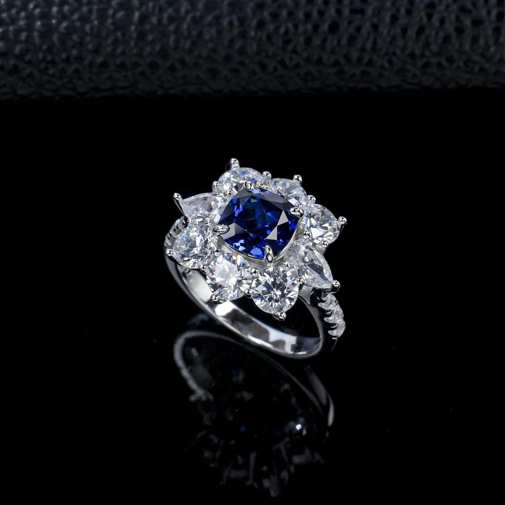 Sterling Silver Sapphire Halo Diamond Ring - Elegant Women's Luxury Jewelry
