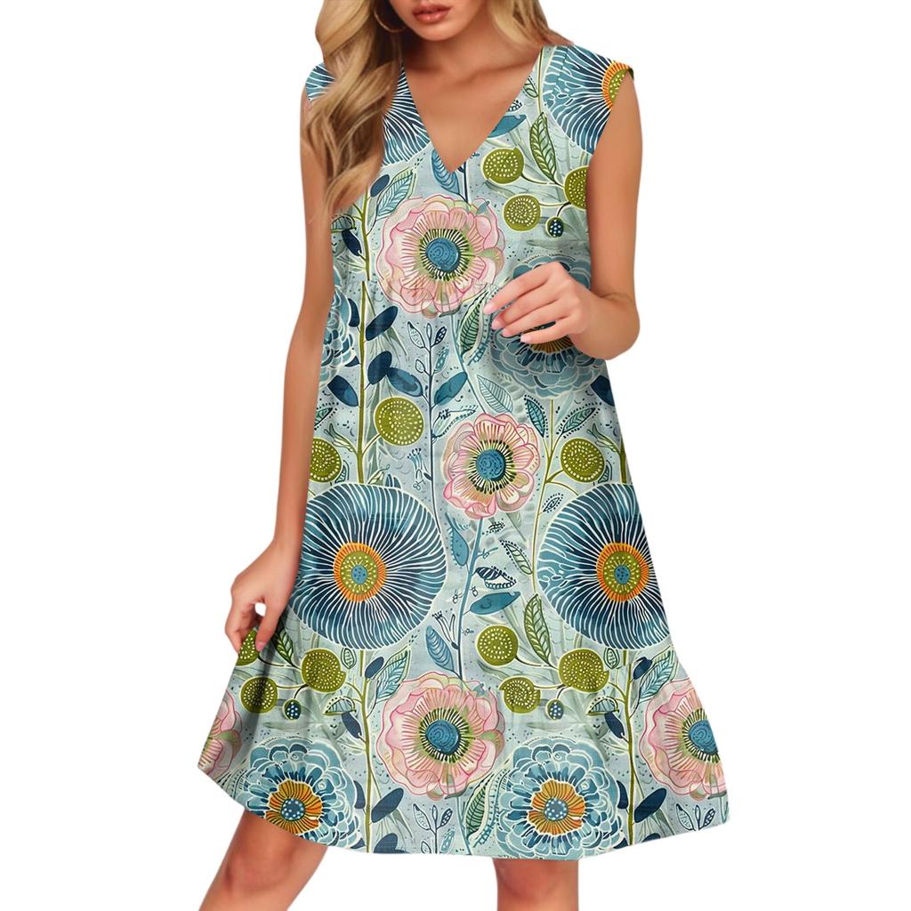 Women's Casual Fashion Breathable V-neck Vest With Pockets Floral Holiday Dress