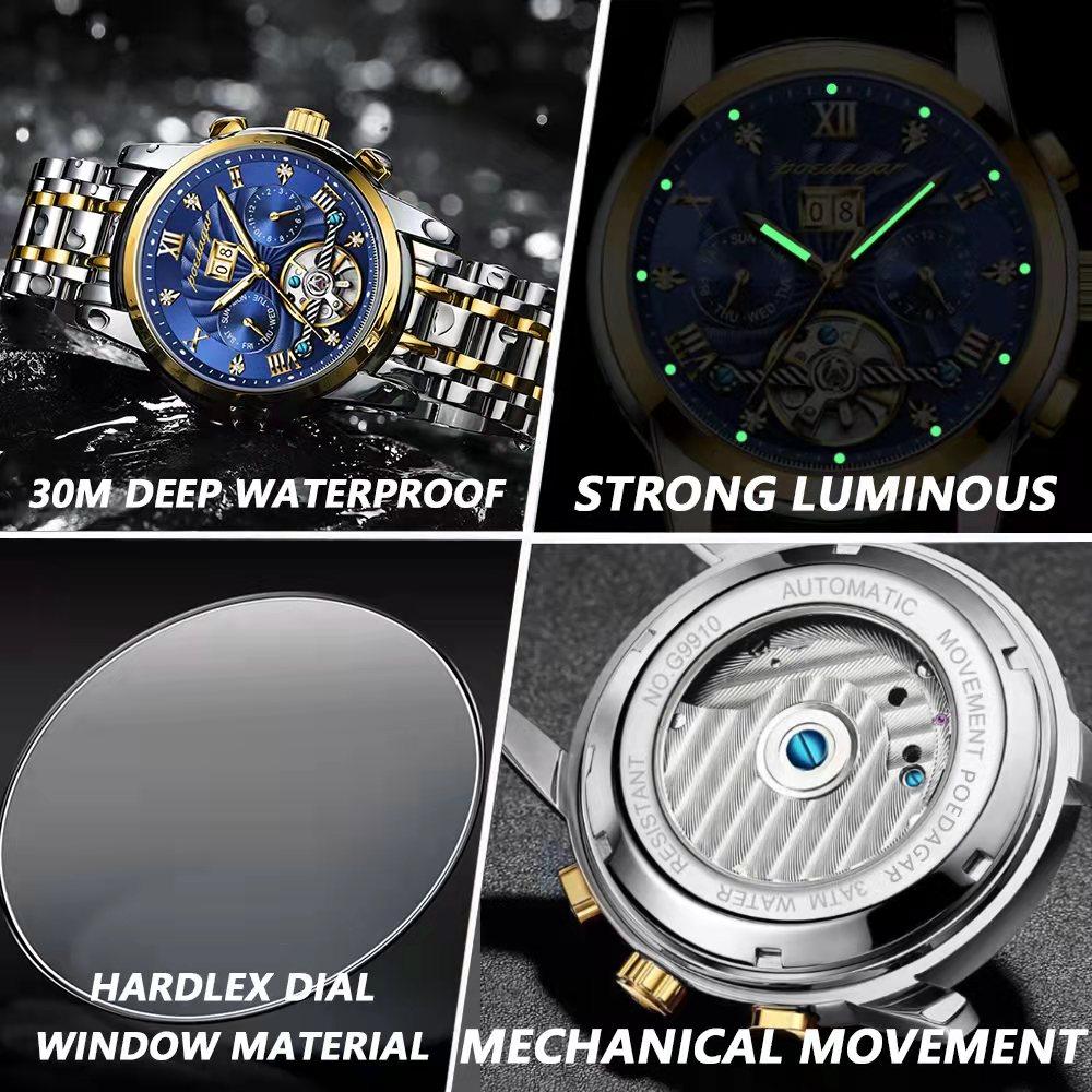 New Top Chronograph Automatic Mechanical Tourbillon Business Wristwatch Luxury Hollow Waterproof Stainless Steel Men Watches