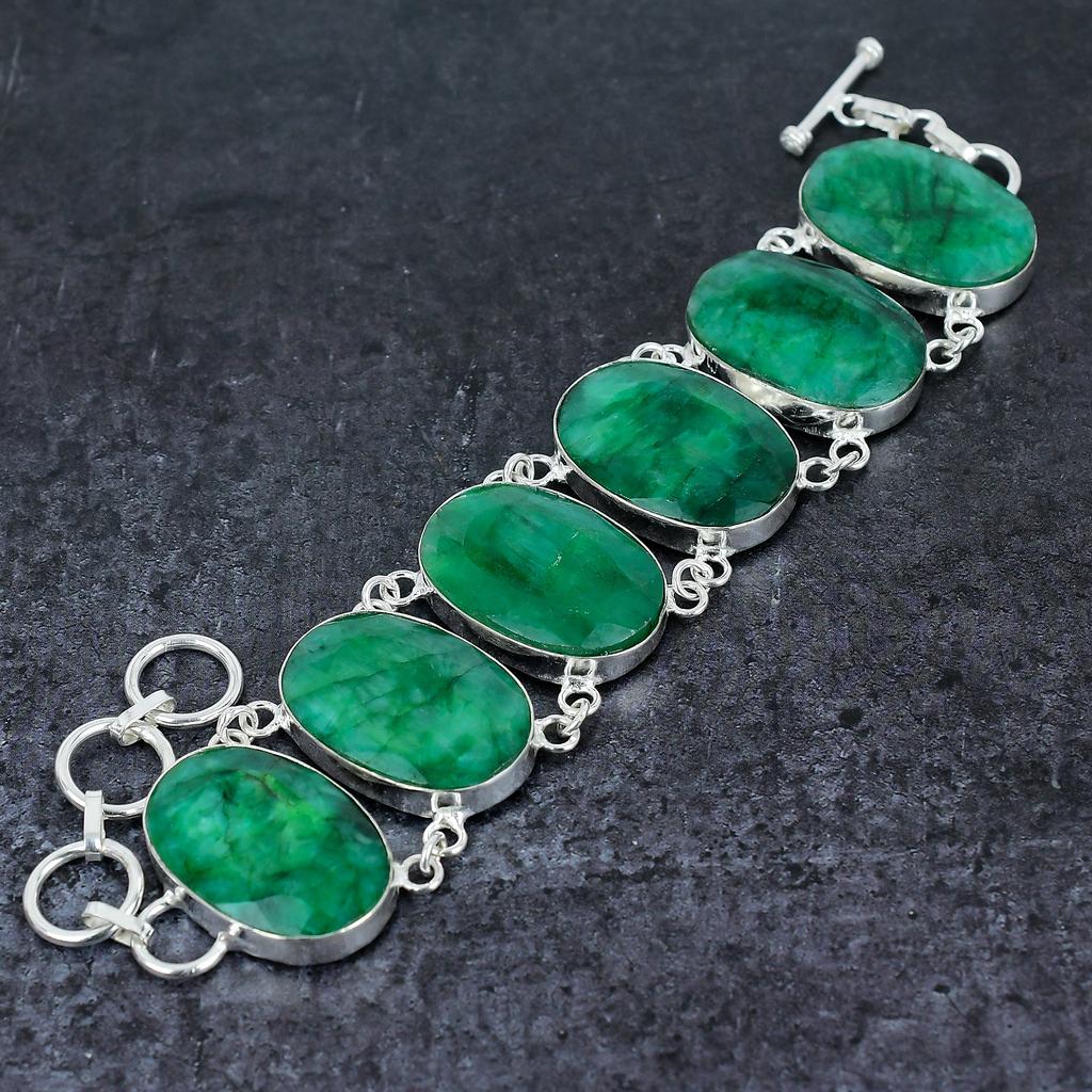 Natural Emerald Gemstone Handmade 925 Sterling Silver Bracelet 7-8" C5i23