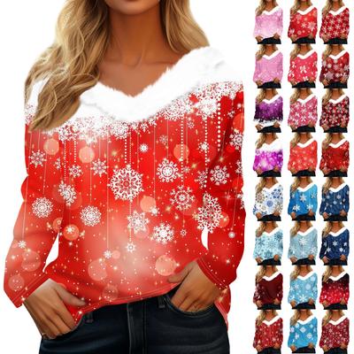 Женская рождественская рубашка с длинным рукавом и принтом снежинок, повседневные свободные футболки с V-образным вырезом