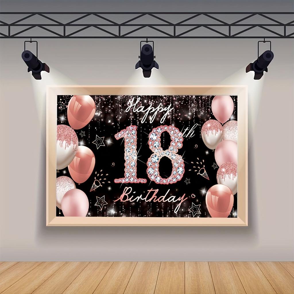 Happy 18th Birthday Rose Gold Sparkly Background Birthday Party Decoration Black Rose Gold Sparkly Balloon party supplies Banner
