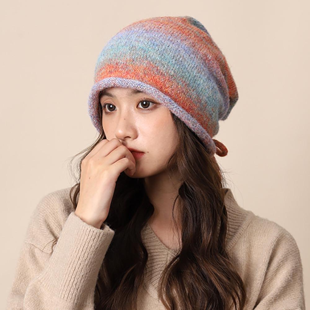 Gradient Color Beanies Skullies Knitted Drawstring Slouch Hat Fashion Bonnet Hat
