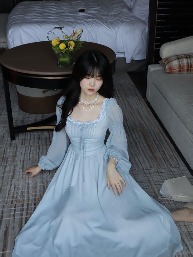 2024 Новая французская длинная юбка темперамент квадратный вырез шифон длинный рукав сказочный дворец ветер платье ранняя весна