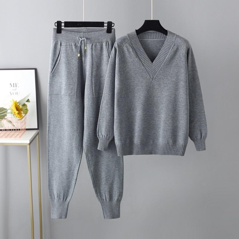 Autumn Winter Two Piece Women Knit Weater Pullover Sport Suits V-Neck Women Sweater Drawstring Harem Pants Jogging Pants Sweater Set Knitted Outwear