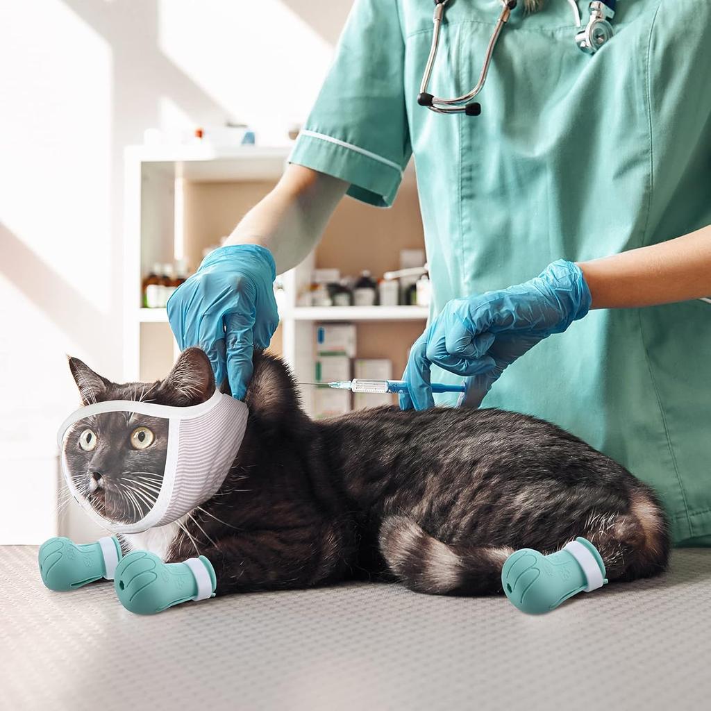 Намордник для кошек Hillban для груминга с 4 силиконовыми накладками, дышащая прозрачная защита для лица, силиконовые накладки на когти, защитные пинетки для предотвращения царапин