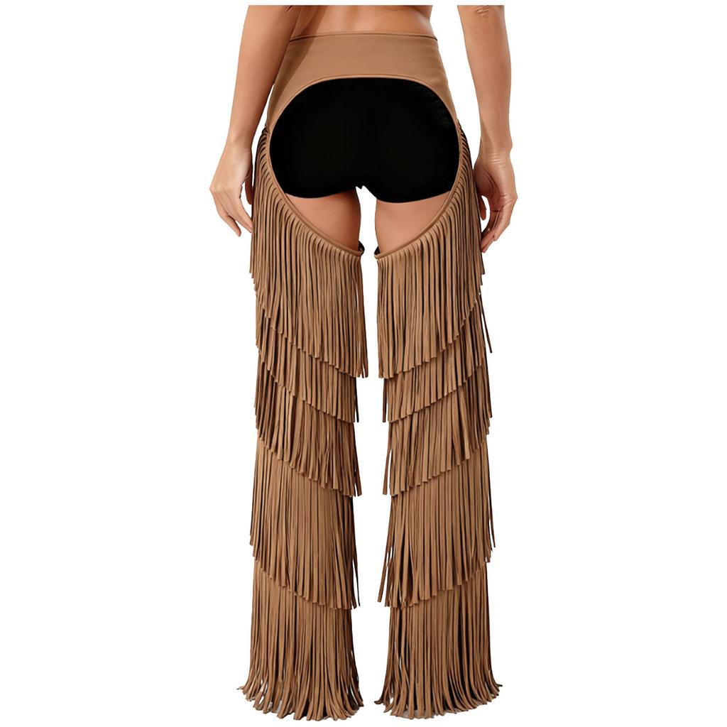 Женские Вестерн Ковбойские Штаны с Открытой Промежностью Многослойные С бахромой Без Задника Регулируемые Пряжки Вестерн Мотоциклетные Штаны для Рейвов Тематических Вечеринок Рождества