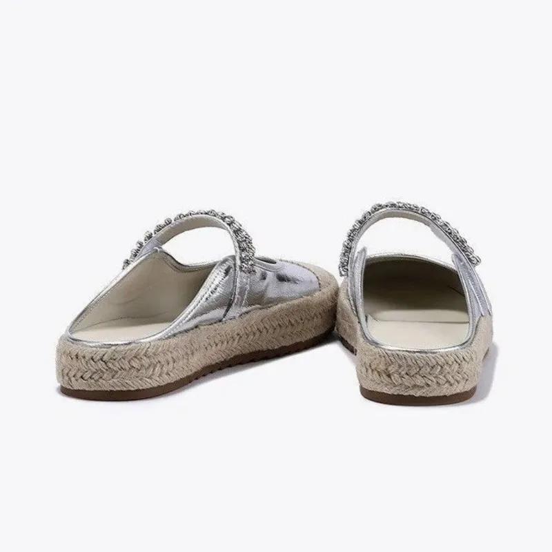 Мода 2024 года, лето, новые женские парусиновые туфли, серебристые мюли с блестками, сандалии с круглым носком на толстой подошве, женские пляжные туфли без застежек