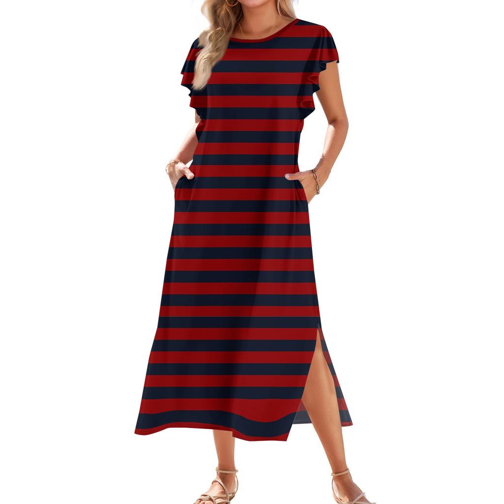 Женское модное летнее повседневное пляжное платье с плиссированными рукавами, свободными полосатыми короткими рукавами, круглыми завязками и карманами