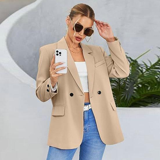 Women Fall Spring Suit Coat Formal Business Style Button Closure Cardigan Solid Color Plus Size Loose Lapel Long Sleeve Pockets OL Commute Jacket