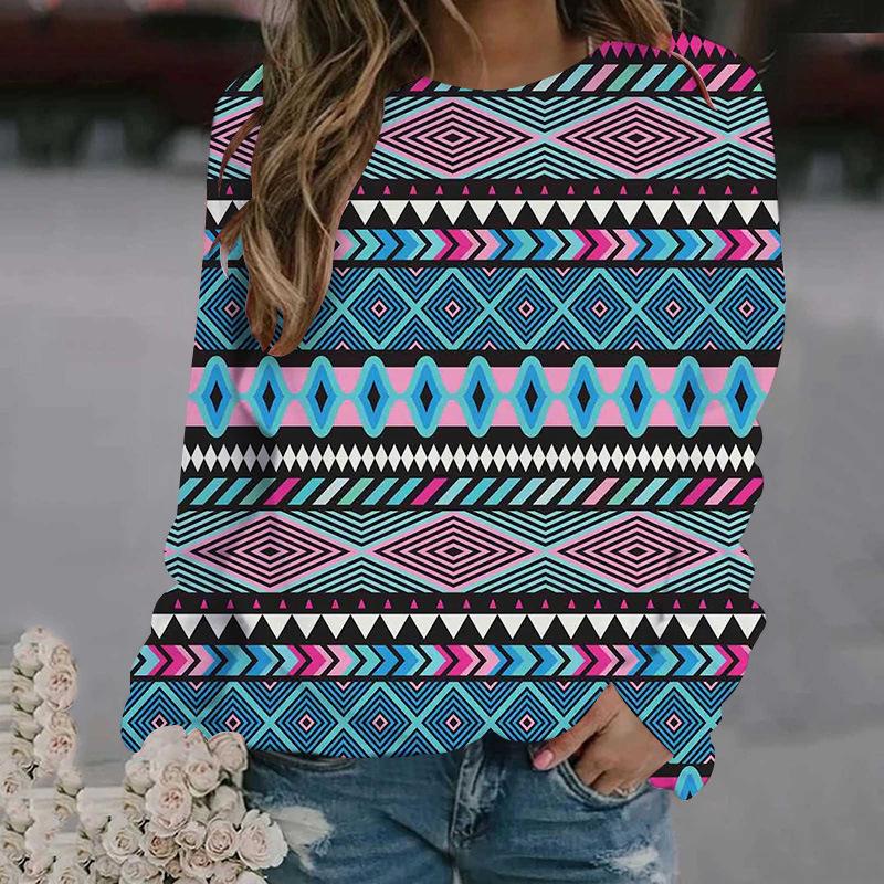 Весенне-осенний топ с круглым вырезом, 3D-принтом в этническом стиле, модная повседневная женская футболка с длинным рукавом