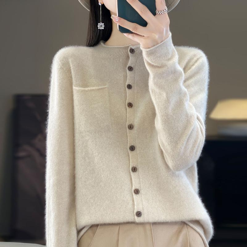 Women's Round Neck Cashmere Cardigan, Qinghe Cashmere, 30% Cashmere 70% Wool, Winter Knitted Pullover Autumn Sweater Cashmere Sweater