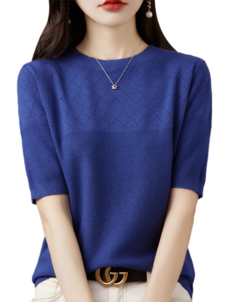 Knit Short Sleeve Spring Summer Autumn Clothes Elegant Sweater Openwork Knit Switching Top Clothing 30s 40s 50s Blue BN284 BLU XL [BN1 Select] Women's