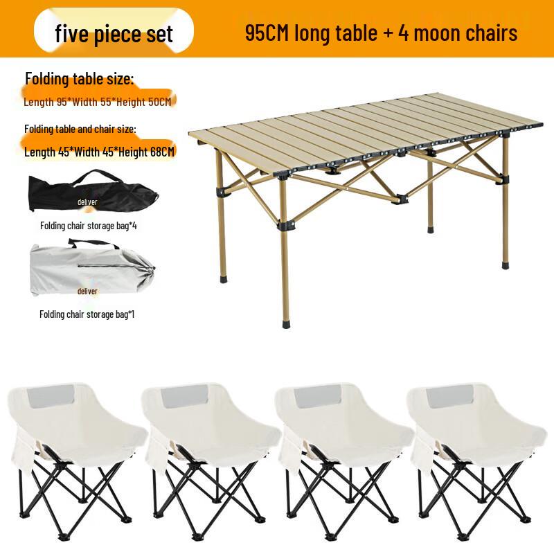 OEING Portable Folding Camping Table and 4 Moon Chairs Set