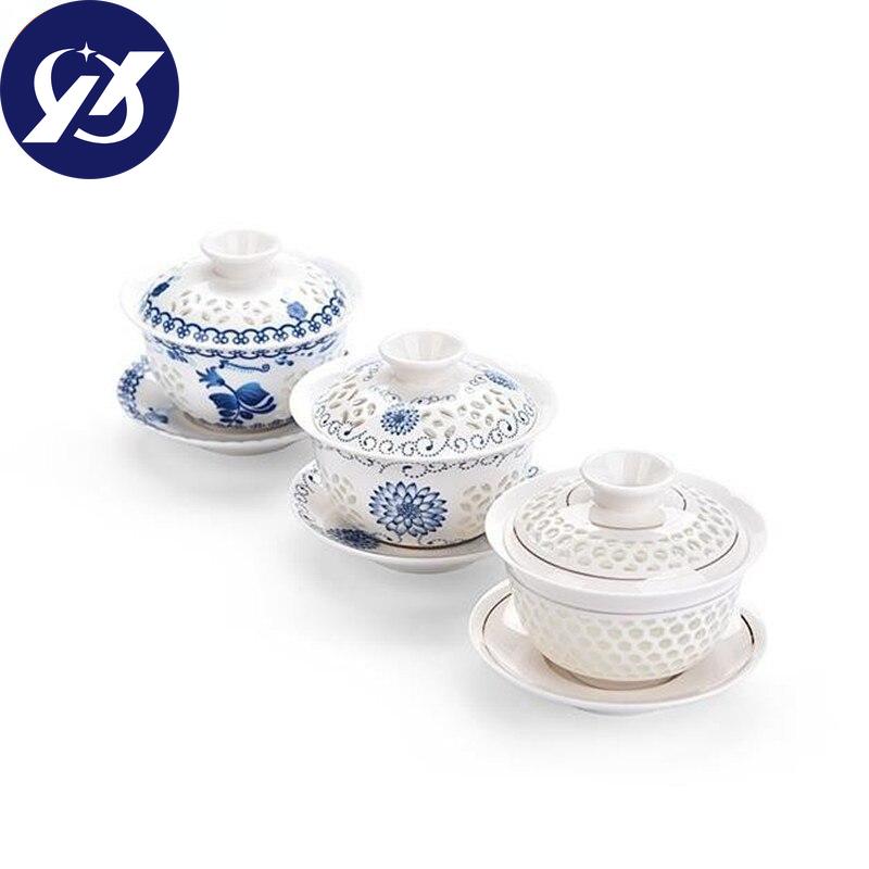 Фарфоровые полые чайные чашки синего и белого цвета, керамическая офисная чайная чаша Kung Fu Gaiwan с крышкой, 160 мл