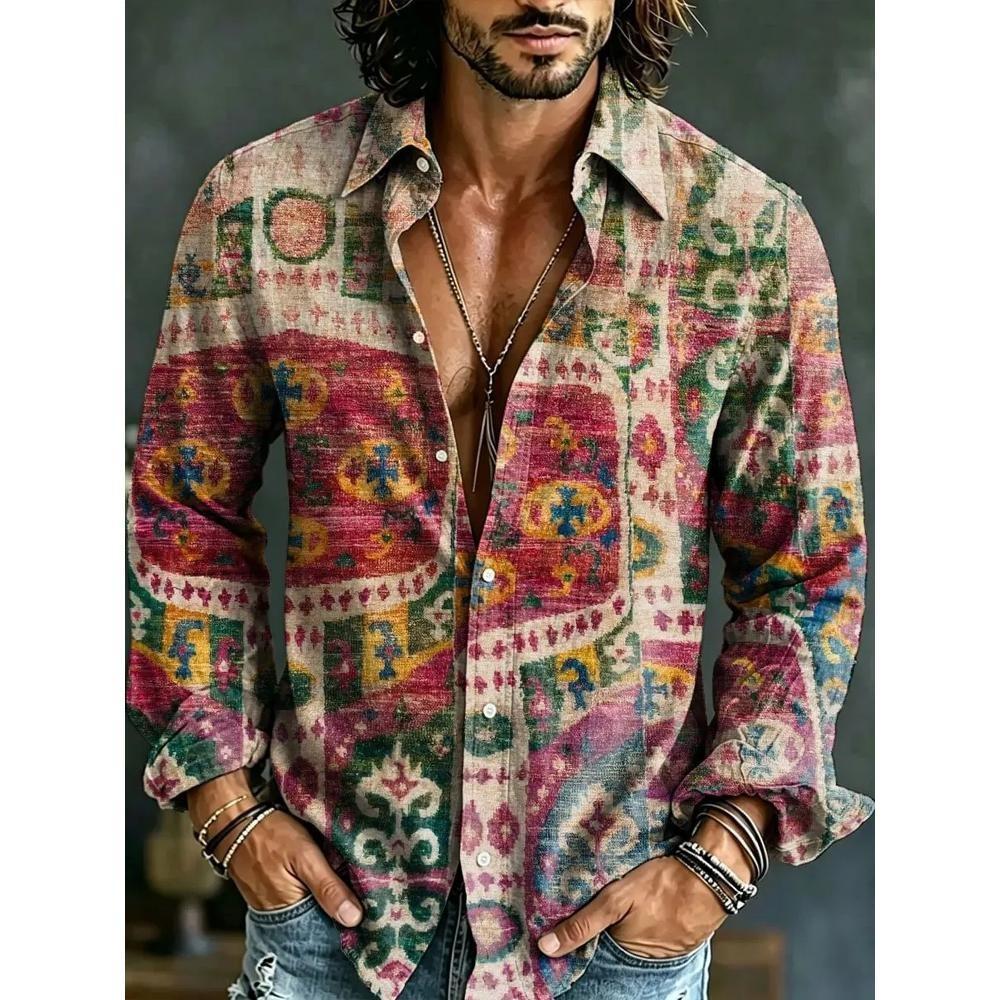 Men's 3D Art Striped Printed Shirt Casual Retro Linen Style Long Sleeved Lapel Top Fashionable and Comfortable New Plus Size
