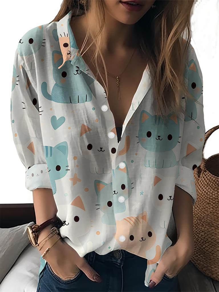 Colorful cartoon element printed lapel shirt women's loose casual and comfortable single-breasted commuter top
