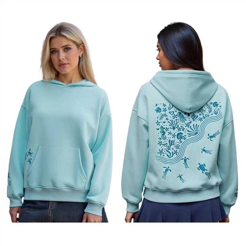 Womens Casual Hooded Embroidered Fleece Sweatshirt Loose Fit Long Sleeve Sportswear Accessory