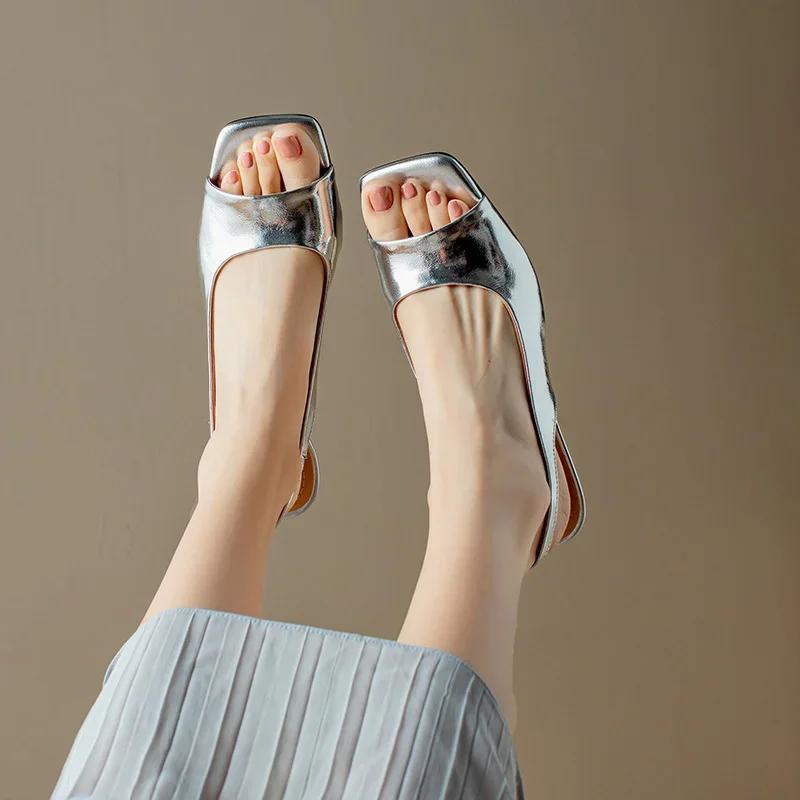 Fashion Women's Silver Thin High Heels Sandals PU Leather Slip on New Woman's Shoes Single Band Square Open Toe Slippers Sandalias Mujer