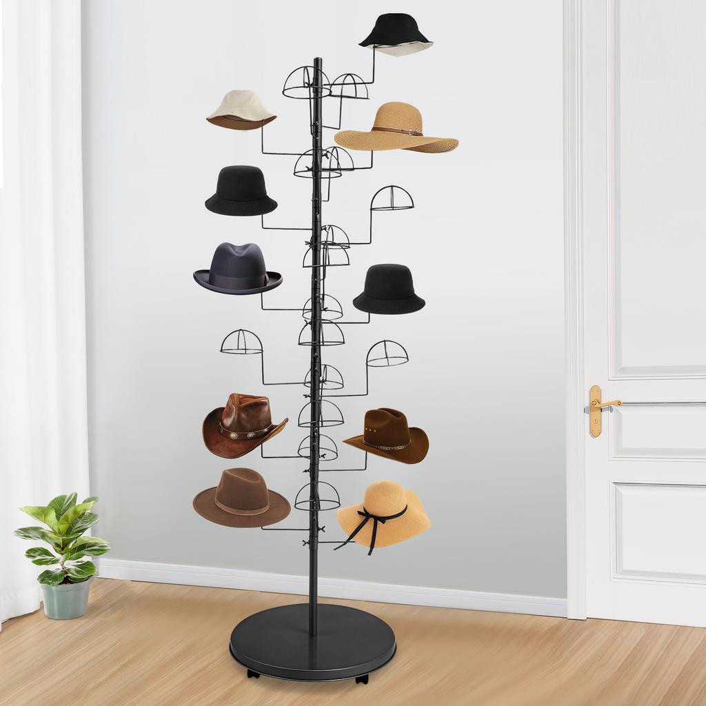 25-Hook Large Freestanding Hat Rack,Modern Black Carbon Steel Hat Display Stand (Holds 25 Caps/Hats) for Home/Store Organization