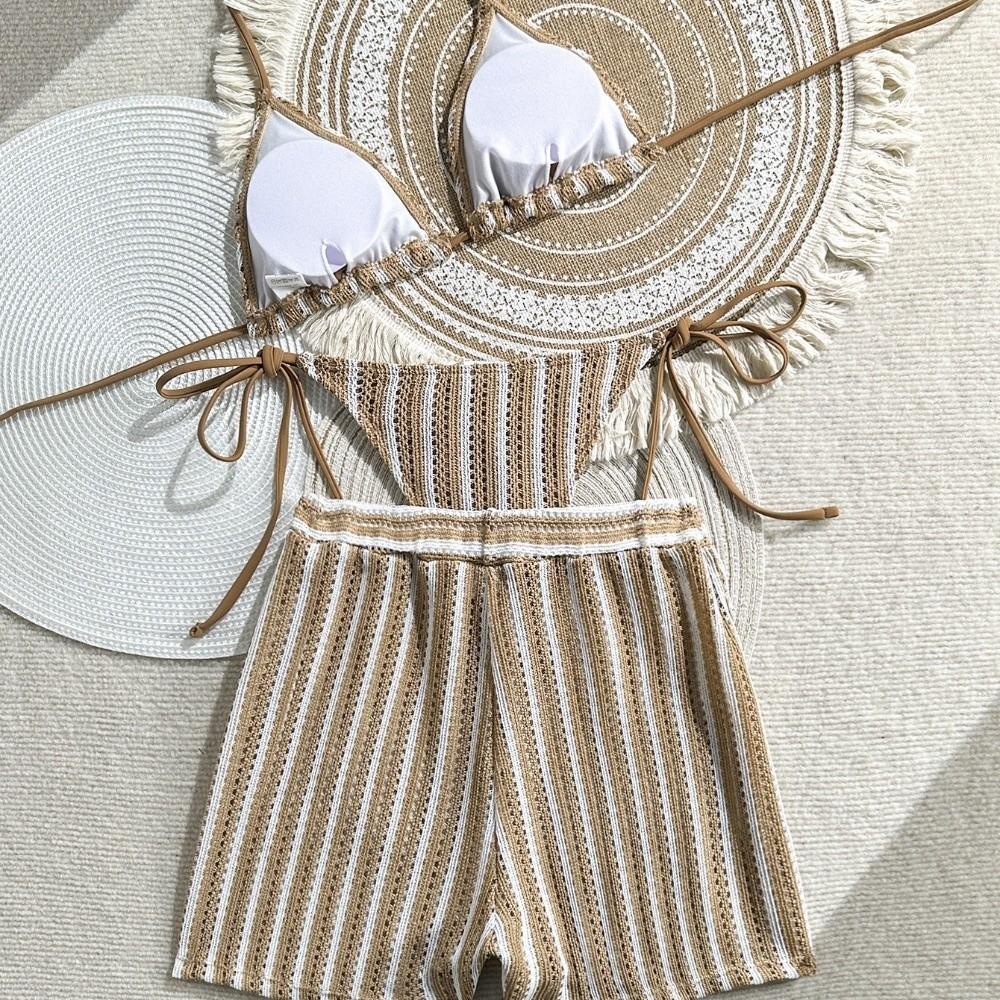 Stripes Bikini Bathing Suit Sleeveless Knitting Swimsuit Fashion 3 in 1 Swimwear Set Swimming Pool