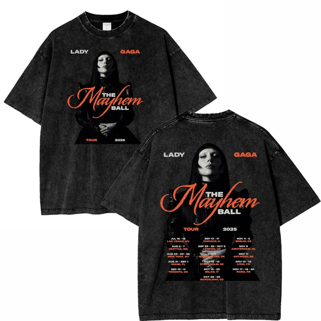 Винтажная стираная футболка Lady Gaga The Mayhem Ball Tour 2025 Модная Мужская_Женская Эстетичная Высококачественная Кислотная стирка 100% Хлопок Футболки