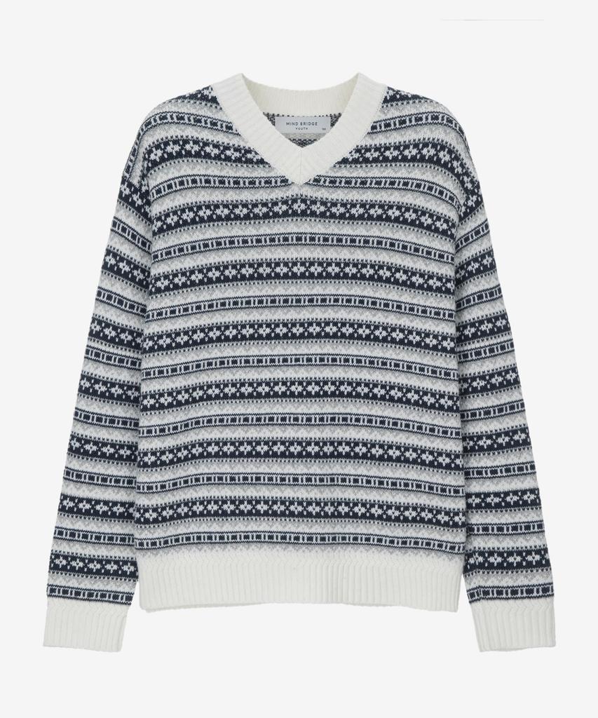 MINDBRIDGE Wool Blend Fair Isle V-Neck Semi-Oversized Knit Mykt7153