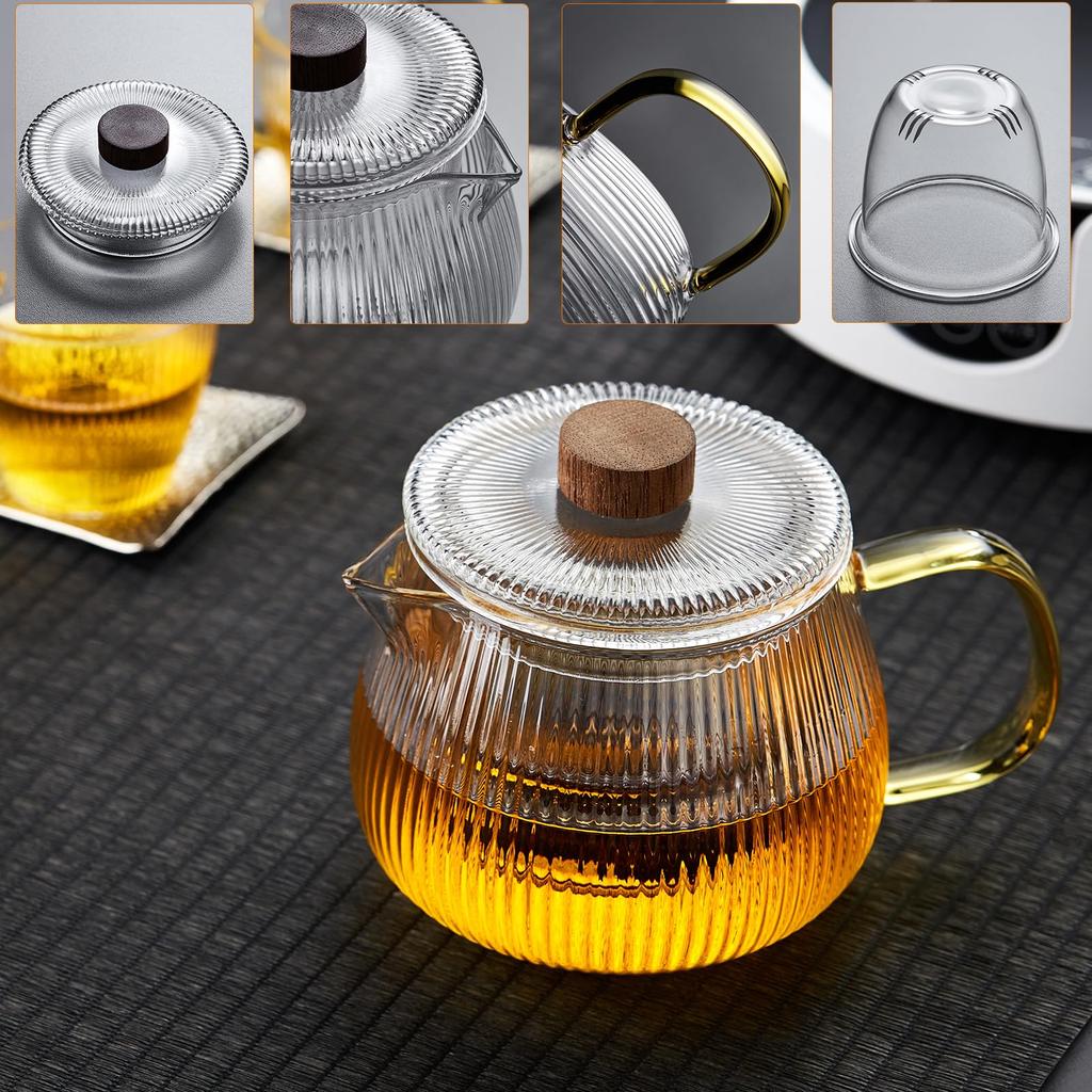 Pokaro Tea Melon Teapot, Heat-Resistant Glass, Heat-Resistant (170°C), Microwave-Safe, 570ml, with Tea Strainer and Lid, Wooden Knob, Suitable for