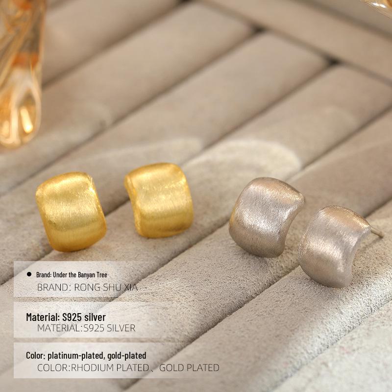 Banyan Tree S925 Silver Brushed Matte Square Earrings - Women's Trendy All-Season Accessory