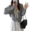 Вязаный кардиган на шнуровке - Женский осенний свитер свободного кроя однотонной расцветки 2025