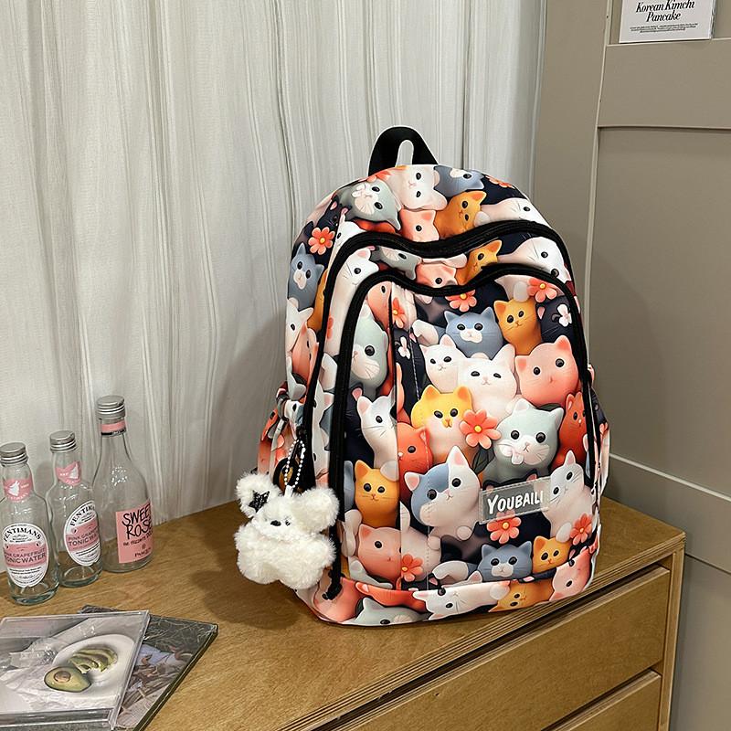 Cute Flower Rabbit Panda Cat Pattern Student Backpack With Pendant For Teens And Adults