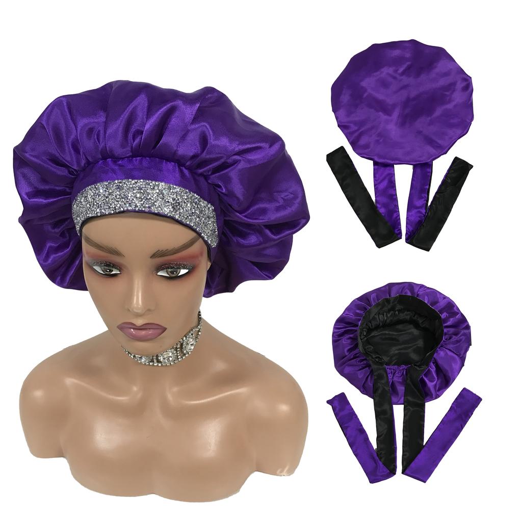 Double Layered Bling Satin Bonnets with Ties Silk Bonnets and Hair Wraps Custom logo Bonnets for Women