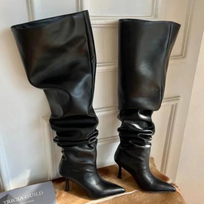 Модные сапоги выше колена, женские сексуальные сапоги с острым носком, черные сапоги выше колена на высоком каблуке с очень большой окружностью