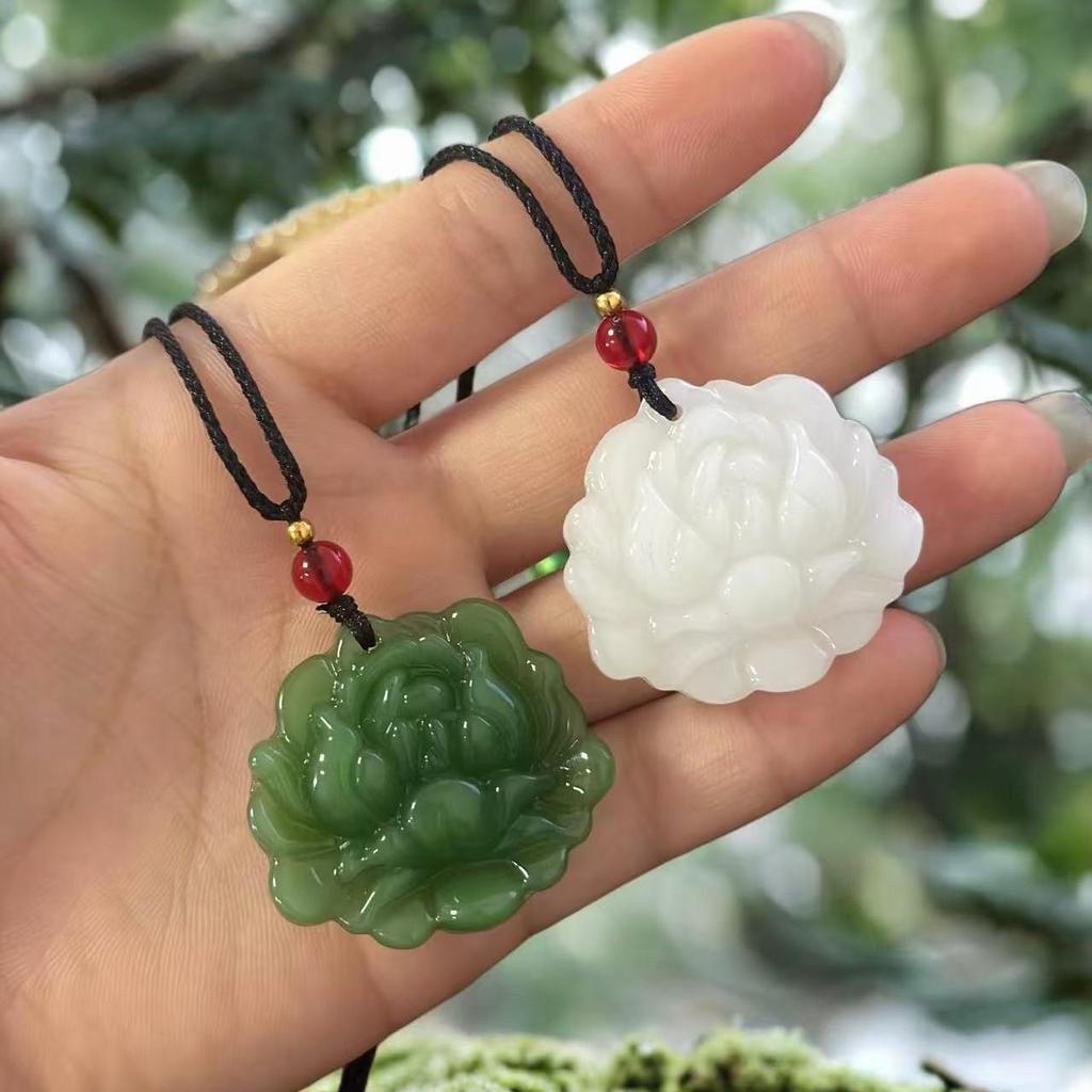 Imitation Hetian Jade Lotus Pendant Necklace for Women - White Jade Flower Blooming Wealth Design