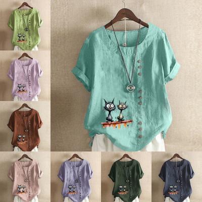 Женская модная футболка с короткими рукавами и принтом черной кошки, свободная хлопковая рубашка, повседневная свободная летняя блузка, топы больших размеров