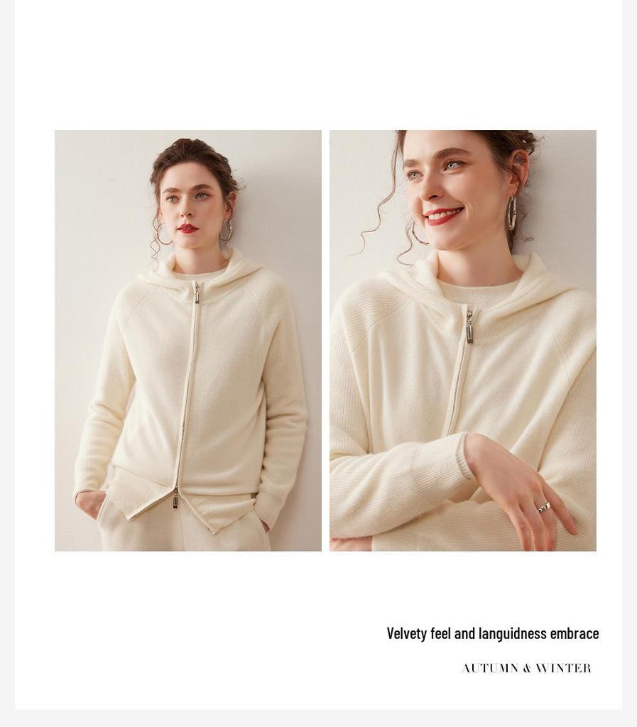 Women's Thickened Double Zipper Cashmere Cardigan - Solid Color, Loose Fit, Slimming Knit Hoodie for Autumn and Winter.