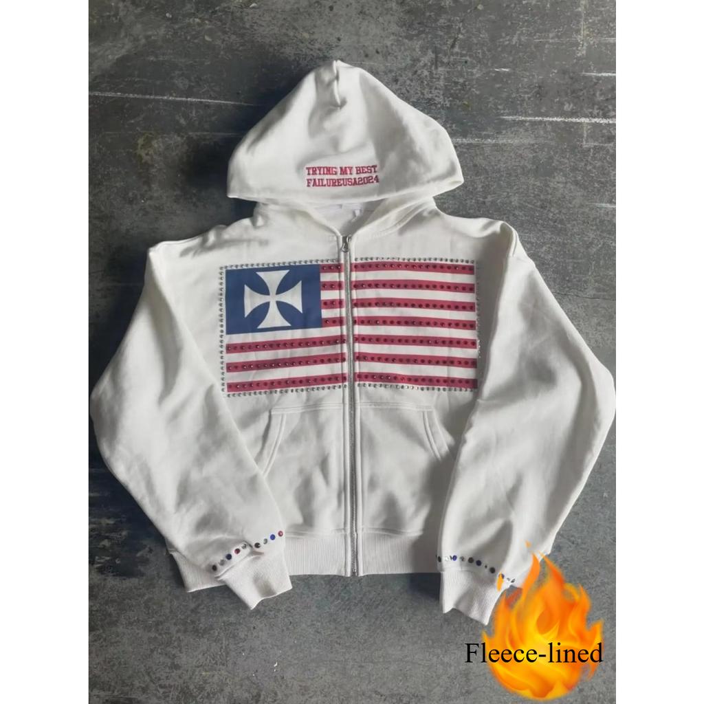 Американская мода уличная одежда готический флаг стразы вышитая молния толстовка с капюшоном Y2k сращивание большой свободный хлопковый свитшот