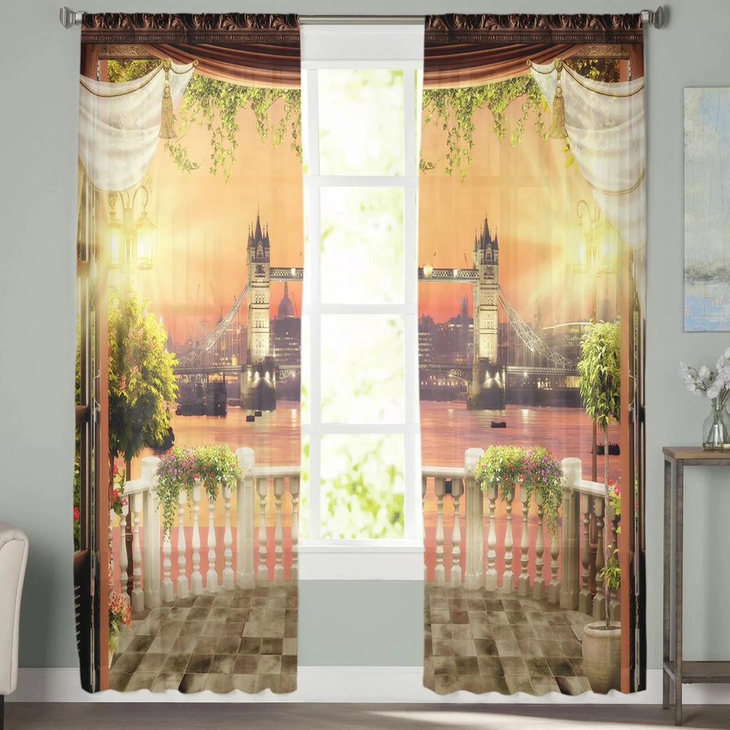 Courtyard City Night View Modern Tulle Curtains for Living Room Bedroom Home Kitchen Window Sheer Curtains