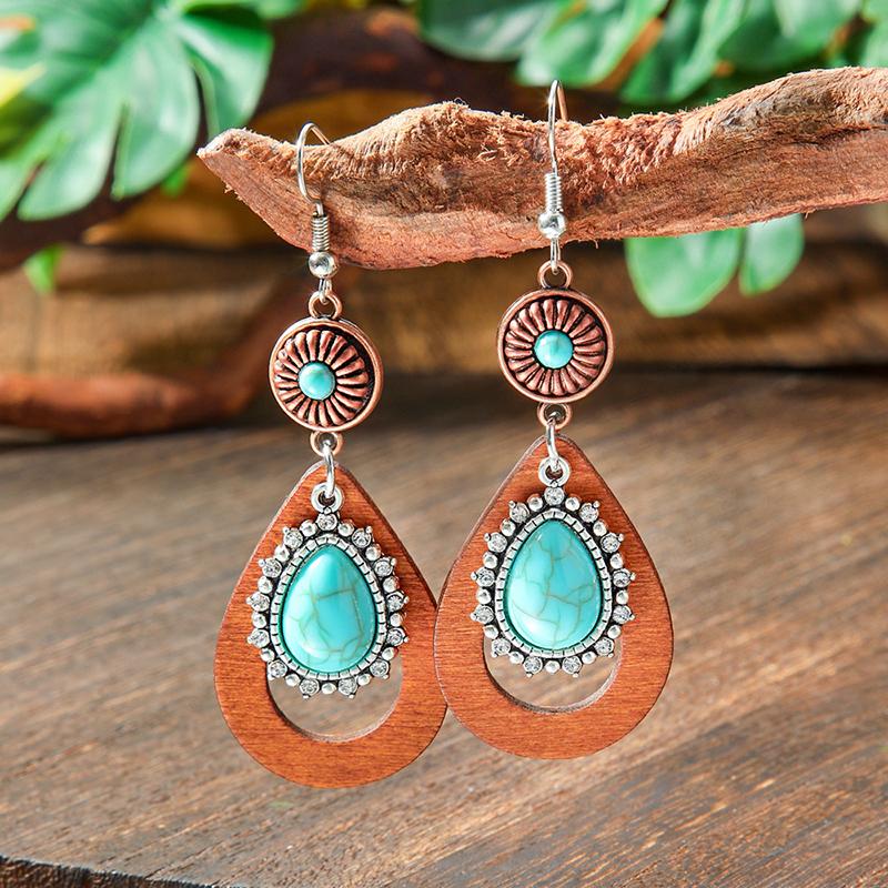 Vintage Tibetan Silver Geometric Turquoises Drop Dangle Earrings Woman Retro Ethnic Blue Beads Boho Jewelry Earrings Wholesale